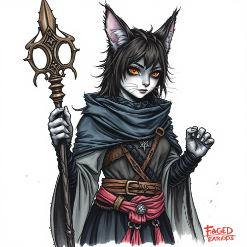 A gothic cat sorcerer with staff on white.