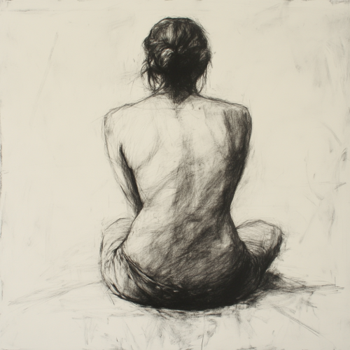 A graceful woman in charcoal, facing away