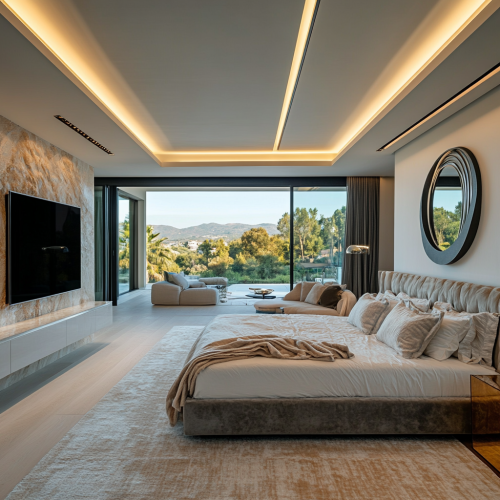 A grand Spanish villa's luxurious, contemporary master bedroom