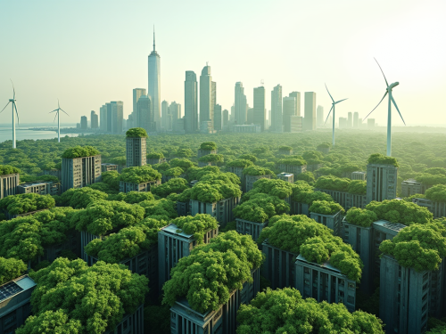 A green city with solar panels and wind turbines.