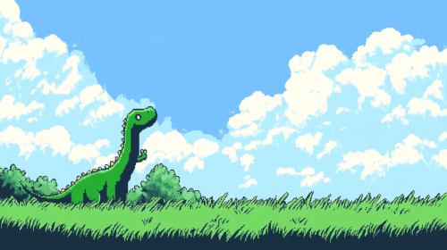 A green dinosaur waving in sunny 8-bit clearing