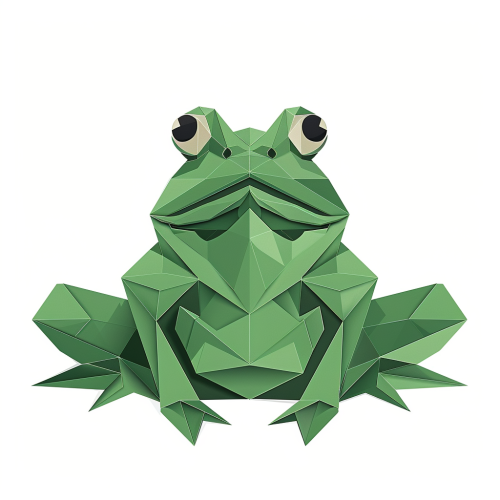 A green origami frog with mustache jumping