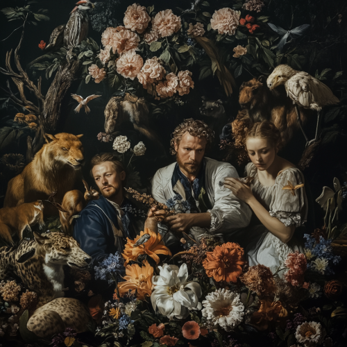 A group of people with wild animals in forest