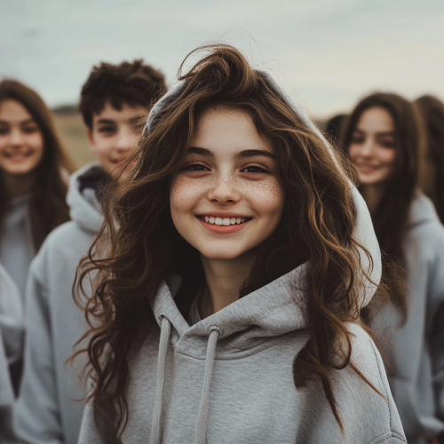 A group of smiling teenagers in matching hoodies