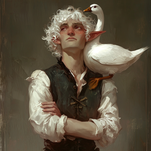 A grumpy elf with white hair and red eyes