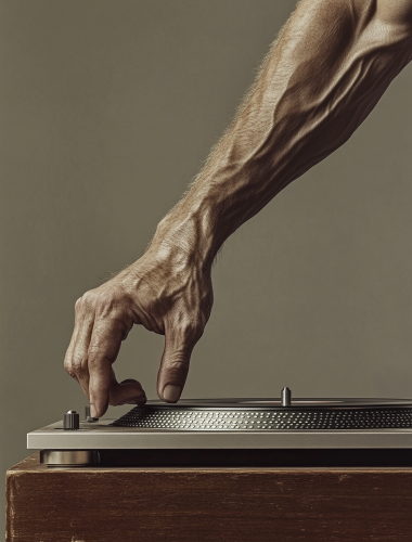 A hairy arm holding hand on turntable