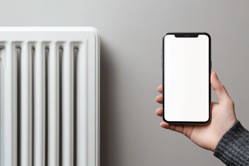 A hand holding phone near heating system