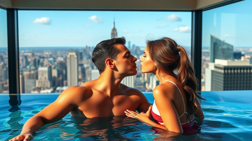 A handsome man and beautiful woman at pool.
