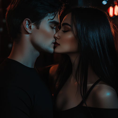 A handsome man kisses girl in nightclub