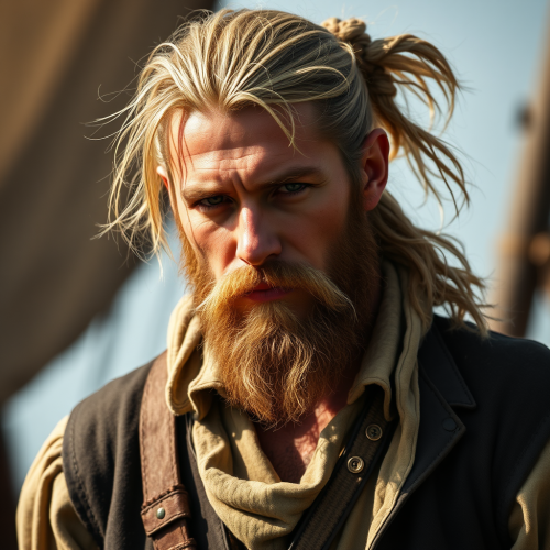 A handsome pirate with blonde hair and facial hair.
