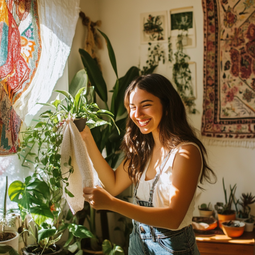 A happy Latina woman cleaning her sunny apartment.