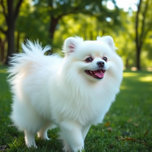 A happy Pomeranian dog in a sunny park.