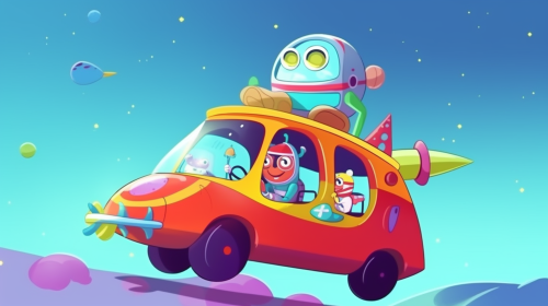 A happy astronaut on colorful cartoon car