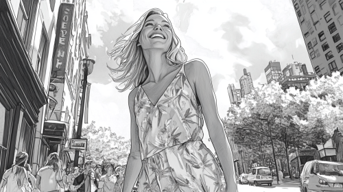 A happy blonde woman walks on city street