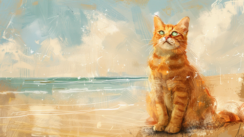 A happy cat on sunny beach in children's book.