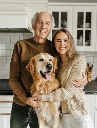 A happy family in the kitchen posing for photo