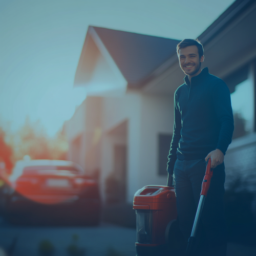 A happy man with a car and house. A happy man with a car and house.