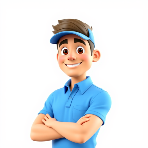 A happy strong roofer in blue shirt.