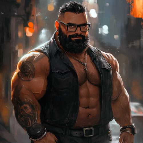 A heavy, bearded dad with black hair