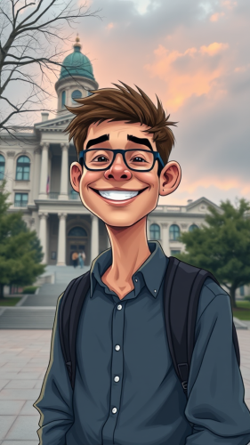 A hopeful student facing university worries, still smiling.