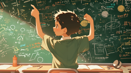 A joyful student solves math on classroom board. A joyful student solves math on classroom board.