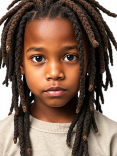 A kid with heavy dreads on plain face.