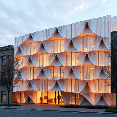 A kinetic facade with movable modules for climate control.