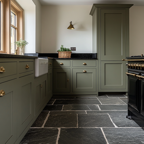 A kitchen with green cabinets, brass handles and tiles.
