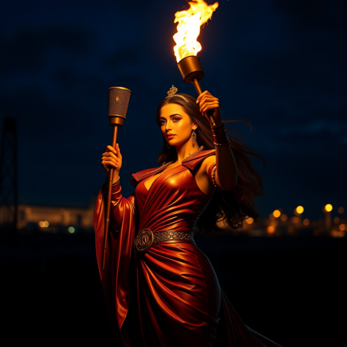 A lady holding a torch on a pedestal.