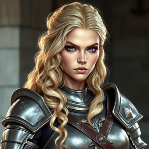 A large, muscular female knight with purple eyes.