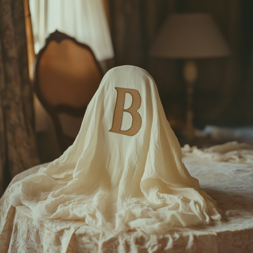 A letter B patch on a ghost sheet