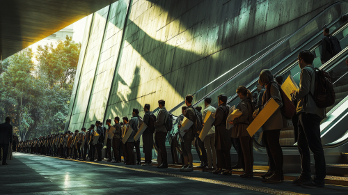 A line of tired office workers queue for escalator.