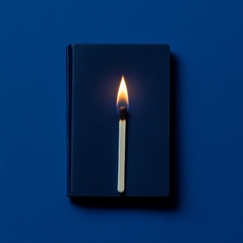 A lit match on navy matchbook on blue.