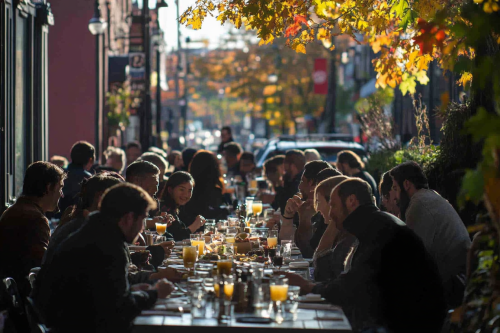 A lively restaurant with happy diners chatting