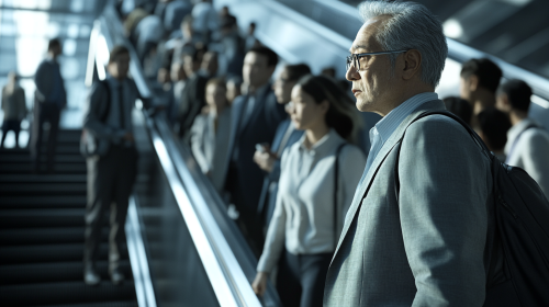 A long line of office workers waiting to go up an escalator