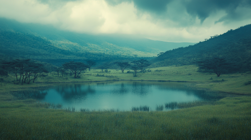A lush African landscape with a small lake