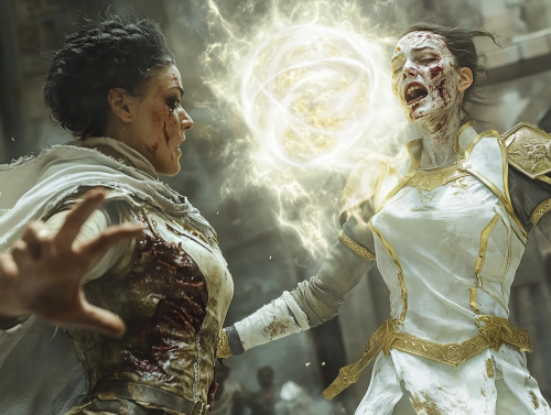 A mage banishing a confused zombie.