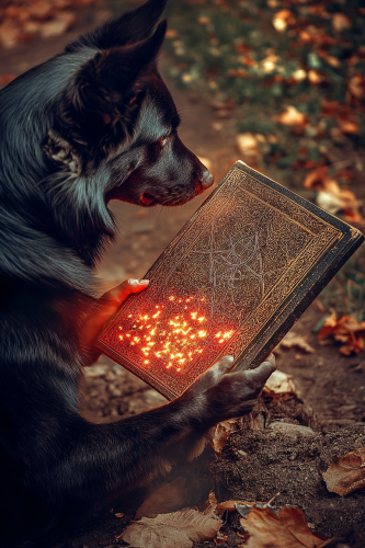 A magical dog reading a book