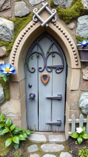 A magical door for fairies in a garden.