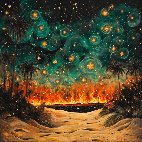 A magical night with stars, fire, and intricate details