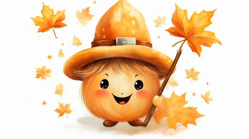 A magical pumpkin with wand and hat, autumn scene