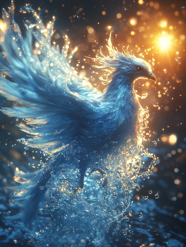 A majestic blue phoenix rises from river at sunrise