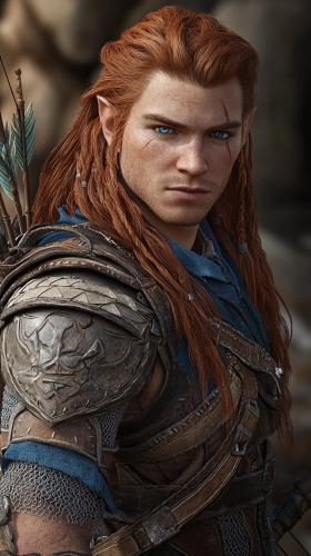A male elf ranger with long red hair
