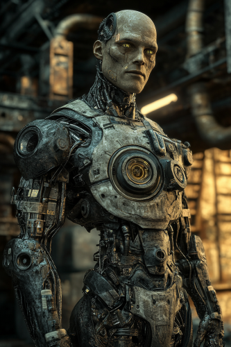 A male servitor with cybernetic enhancements in factory.