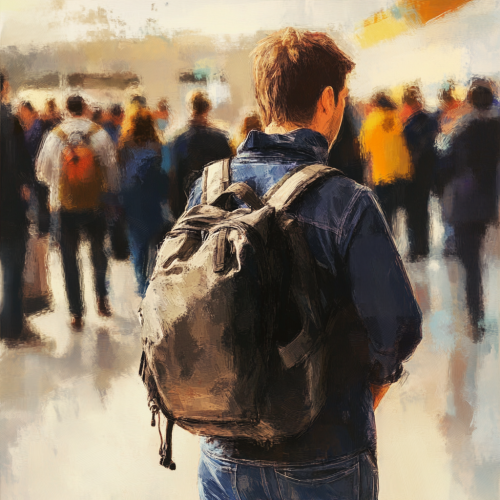 A man adjusts backpack at security checkpoint peacefully