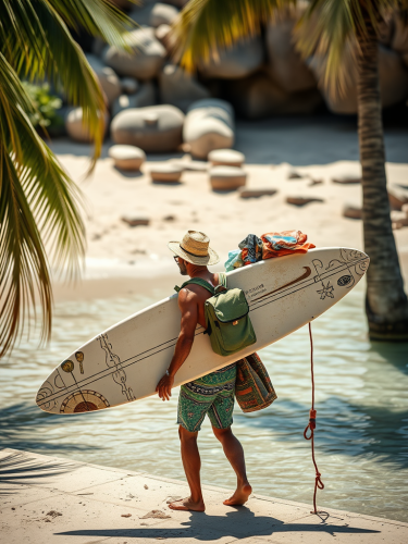A man carrying surfboard and beach gear.