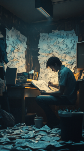 A man drawing cartoons in messy room