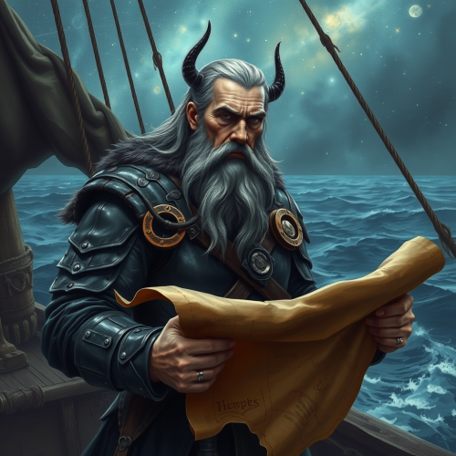 A man druid on a ship with stars.