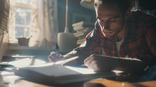 A man filling out papers under natural light