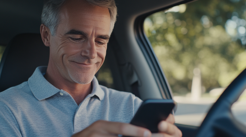 A man in a car smiling at his phone
